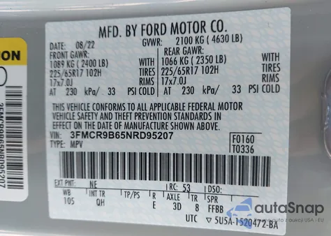 2022 Ford Bronco Sport Big Bend z USA, uszkodzony, nr VIN 3FMCR9B65NRD95207